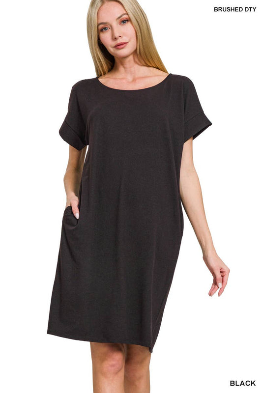 Rolled Short Sleeve Round Neck Dress: BLACK