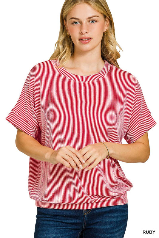 Corded Rib Short Sleeve Top: RUBY