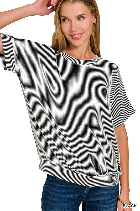 Corded Rib Short Sleeve Top: BLACK
