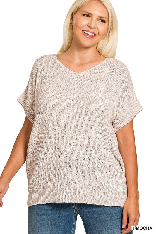 Plus Center Seam Short Sleeve Sweater: H MOCHA
