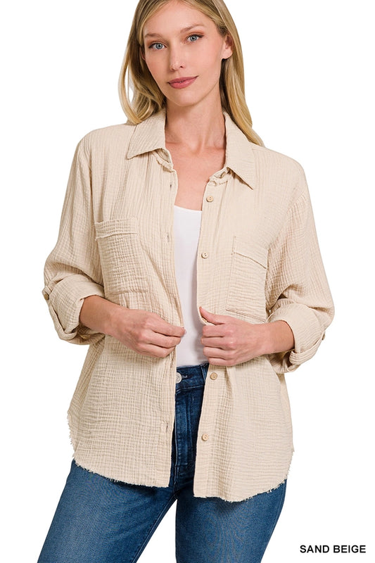 Double Gauze Button Down Roll-up Long Sleeve Shirt Sand Beige