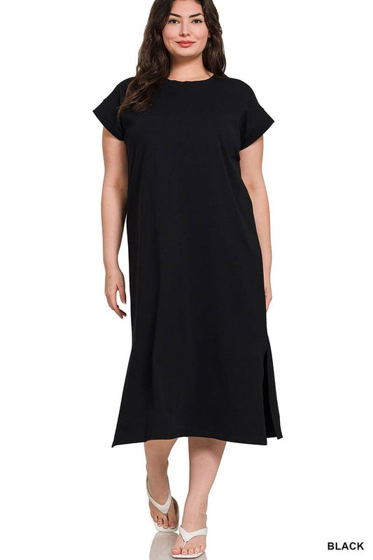 Plus Round Neck Short Sleeve Midi Dress: BLACK