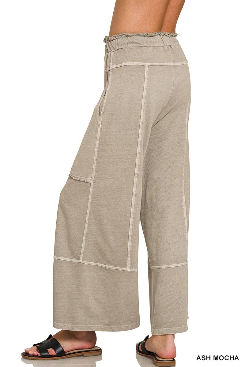 French Terry Washed Exposed-seam Wide Leg Pants: ASH MOCHA