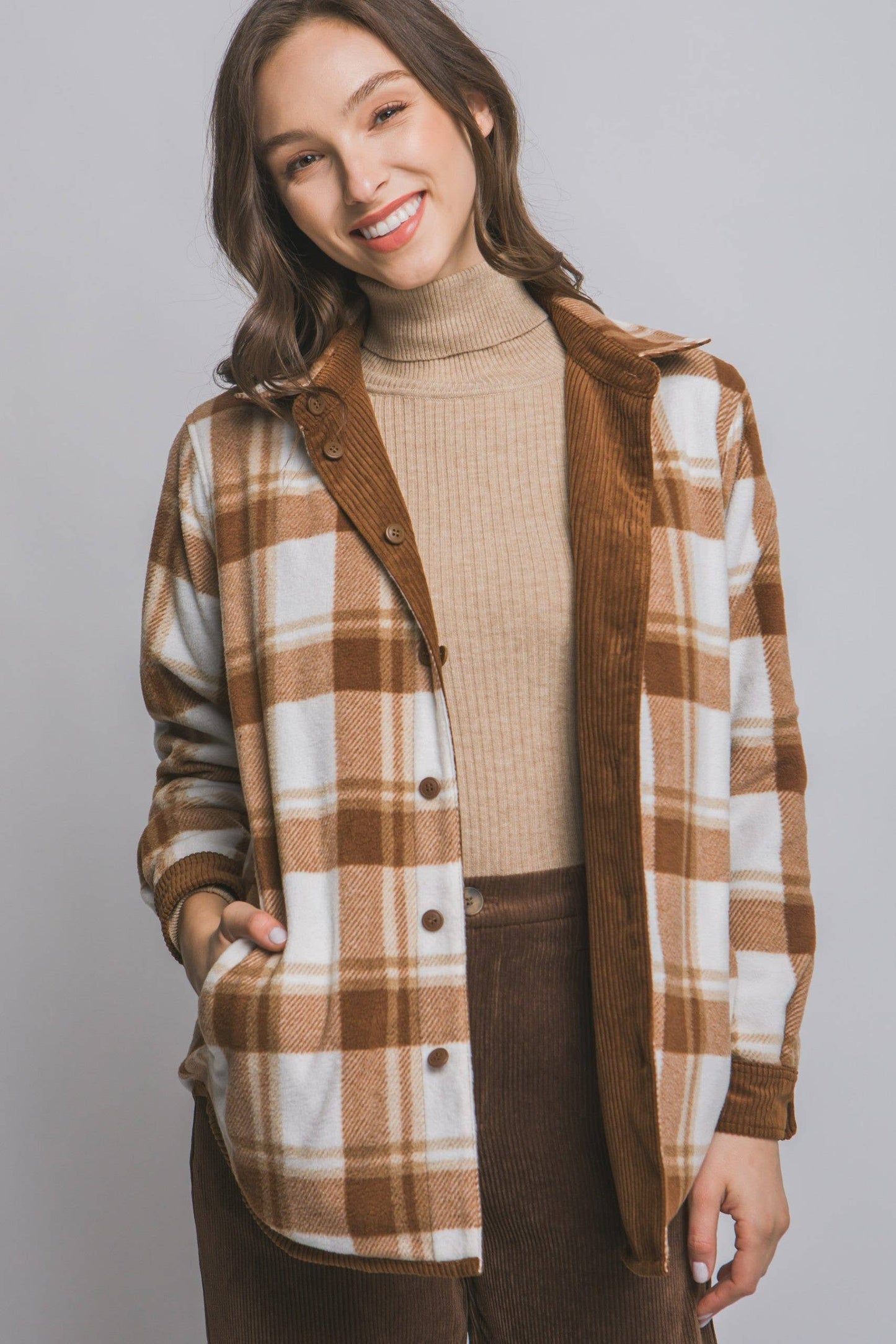 Corduroy Reversible Button Down Jacket: BROWN