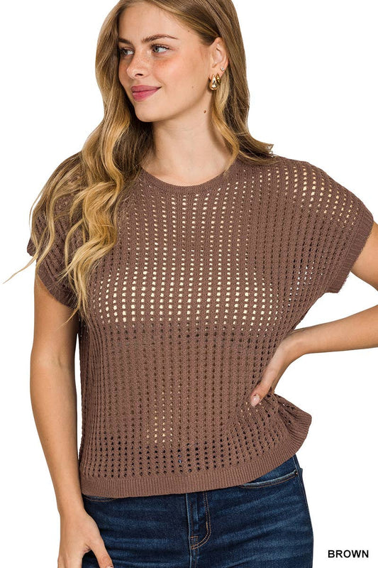 Viscose Crochet Knit Sheer Hollow Sweater: BROWN