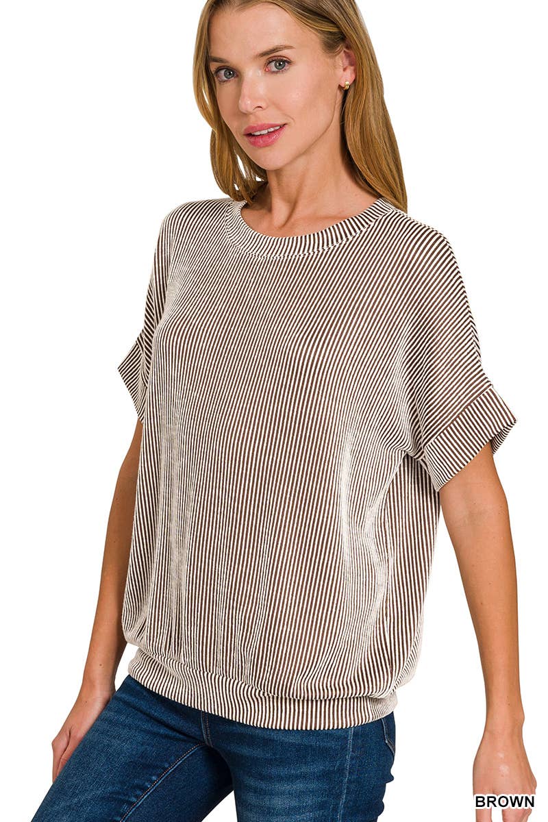 Corded Rib Short Sleeve Top: BROWN