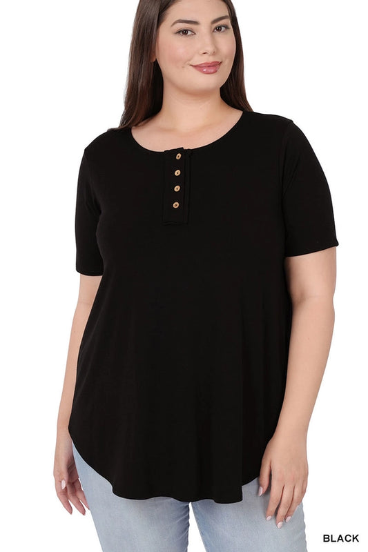 Plus Short Sleeve Button Down Top Black