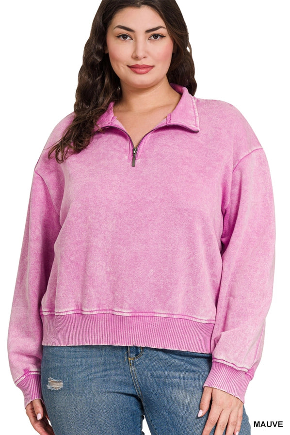 Acid Wash Fleece Half Zip Pullover Plus Pink