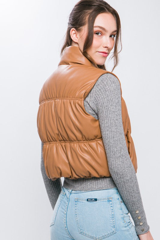 Camel Faux Leather Puffer Vest