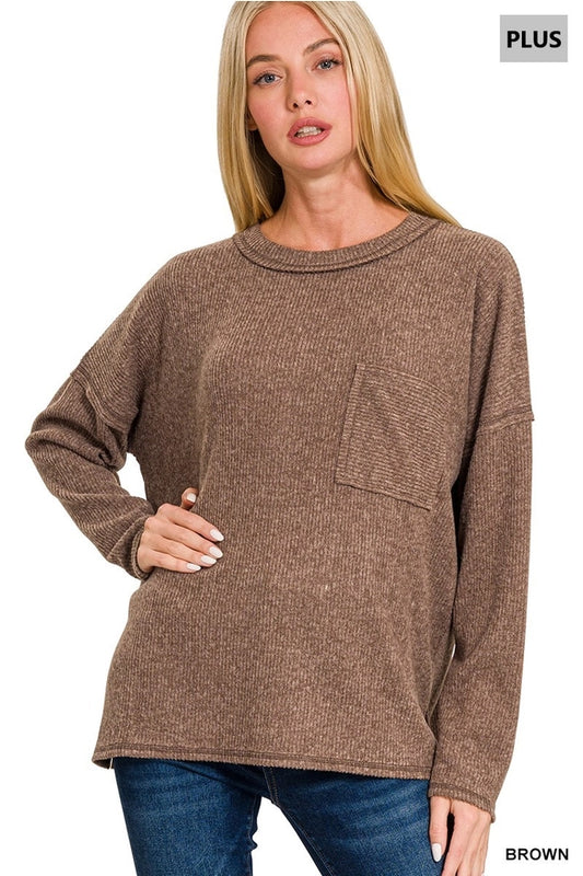 Plus Ribbed Brushed Melange Hacci Sweater Brown