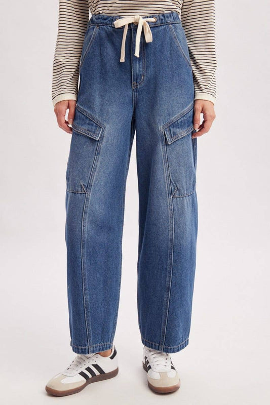 Denim Cargo Drawstring Barrel Jeans: MED WASH