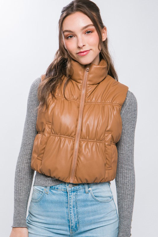Camel Faux Leather Puffer Vest
