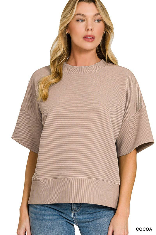 Ribbed Round Neck Waist Banded Tee Shirts: COCOA