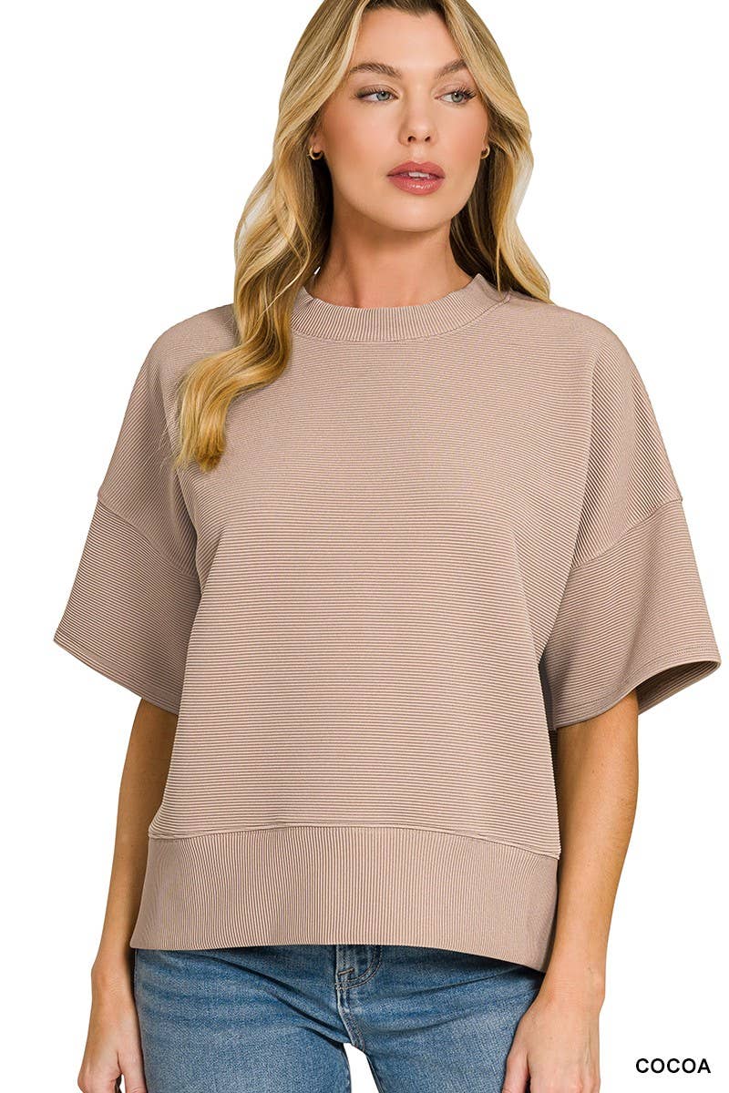 Ribbed Round Neck Waist Banded Tee Shirts: COCOA