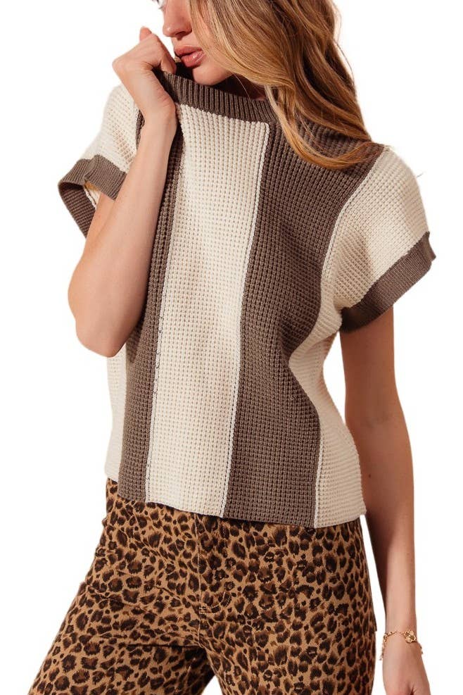 Waffle Textured Sweater Big Stripe Dolman Top: LT OLIVE