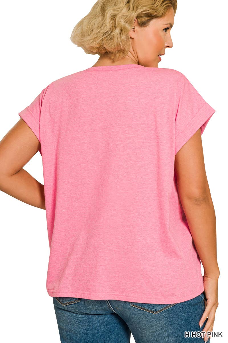 Plus Round Neck Folded Short Sleeve T-shirt: H HOT PINK