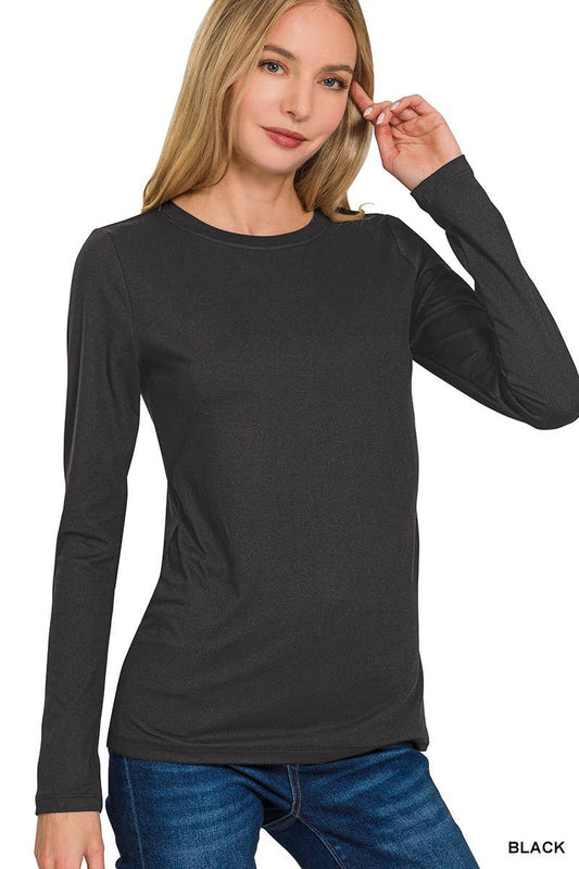 Brushed Long Sleeve Round Neck Tee: BLACK