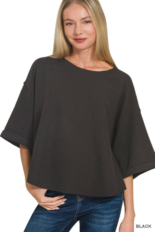 Double Knit Exposed Seam Curved Hem Top: BLACK