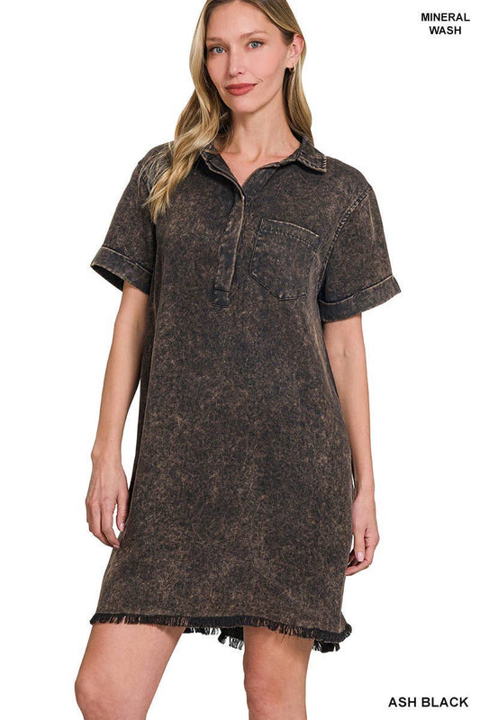 Mineral Washed Collared Shirts Dress: ASH BLACK