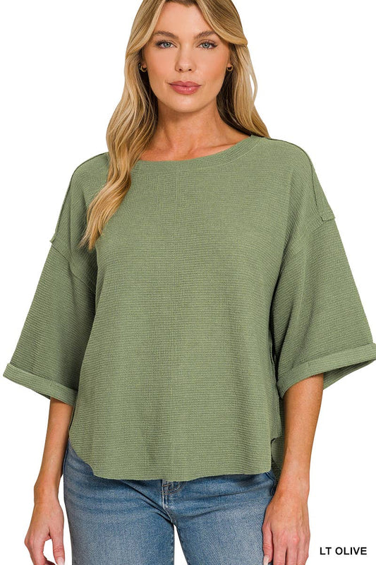 Double Knit Exposed Seam Curved Hem Top: LT OLIVE