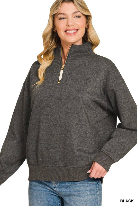 Acid Wash Fleece Half Zip Sweatshirts: BLACK