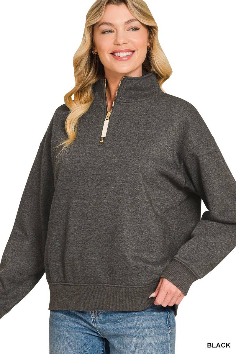 Acid Wash Fleece Half Zip Sweatshirts: BLACK