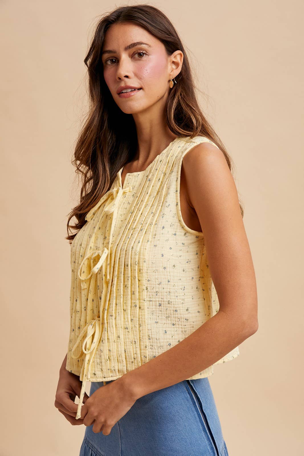 Ditsy Floral Cotton Blouse With Front Tie: LEMON