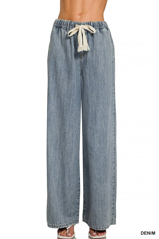 Wide Leg Drawstring Elastic Waistband Denim Pants: DENIM