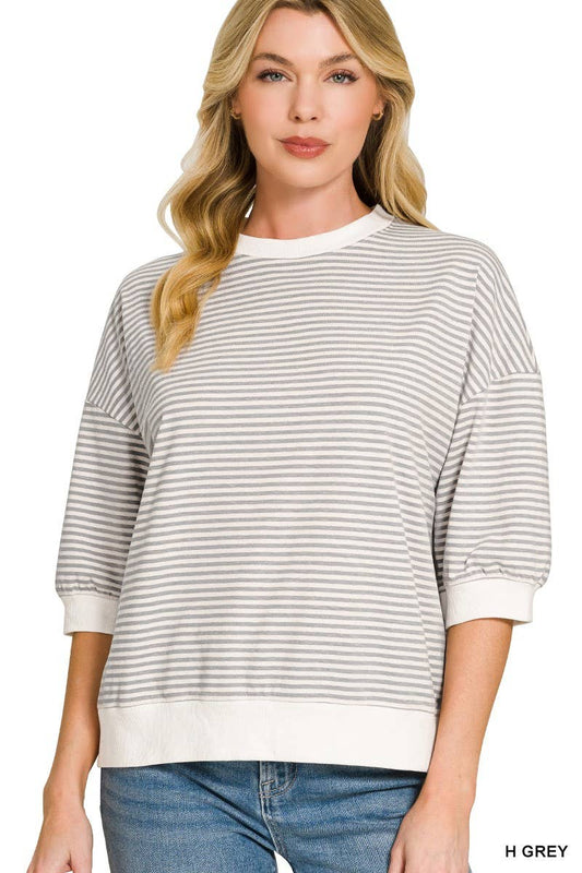 Striped Contrast Trim Banded Bottom Top: H GREY