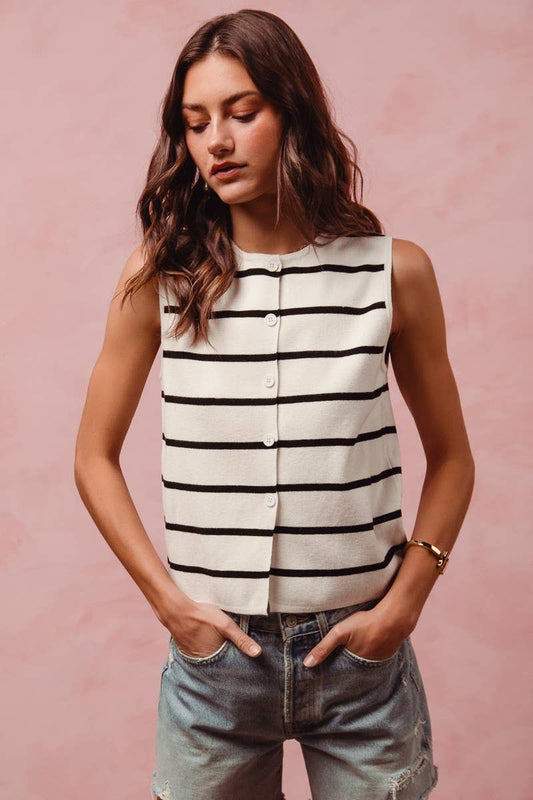 Button Front Stripe Fine Sweater Sleeveless Top: OFF WHITE/BLACK