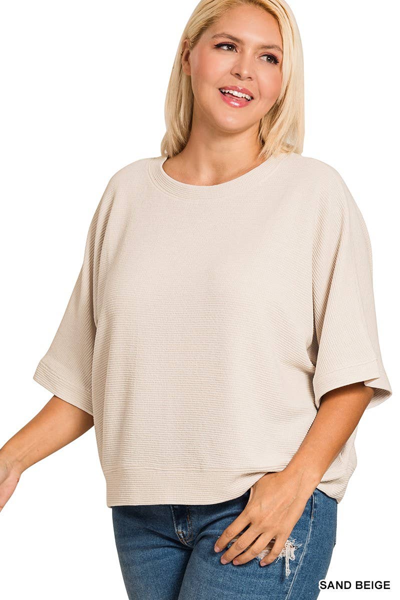 Plus Double Knit Banded Bottom Short Sleeve Top: SAND BEIGE