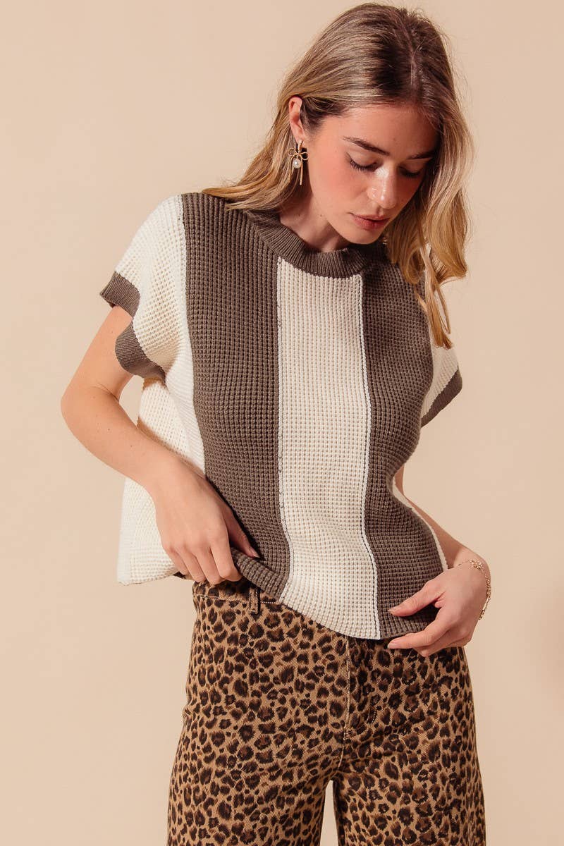 Waffle Textured Sweater Big Stripe Dolman Top: LT OLIVE