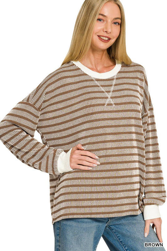 Raised Rib Striped Round Neck Pullover: BROWN
