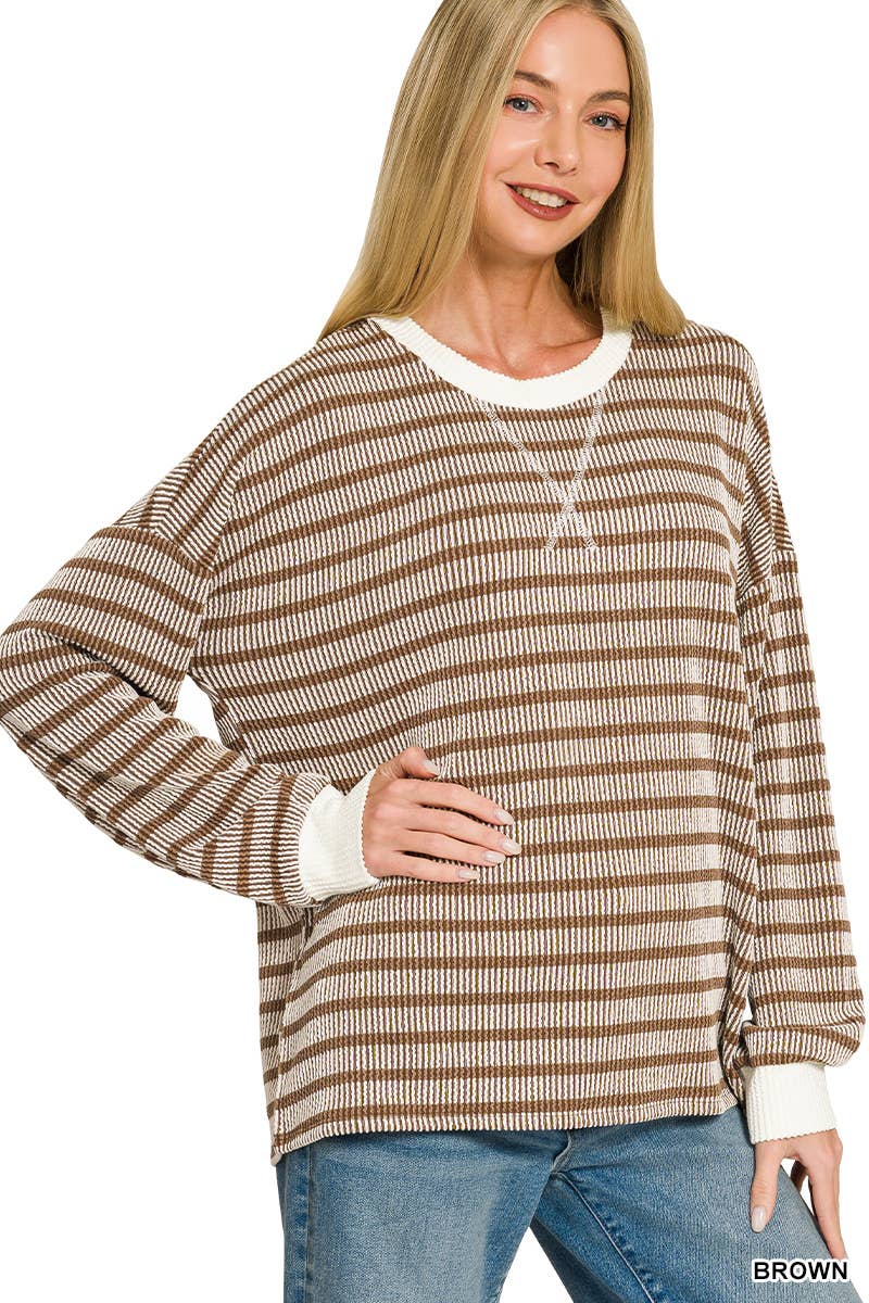 Raised Rib Striped Round Neck Pullover: BROWN