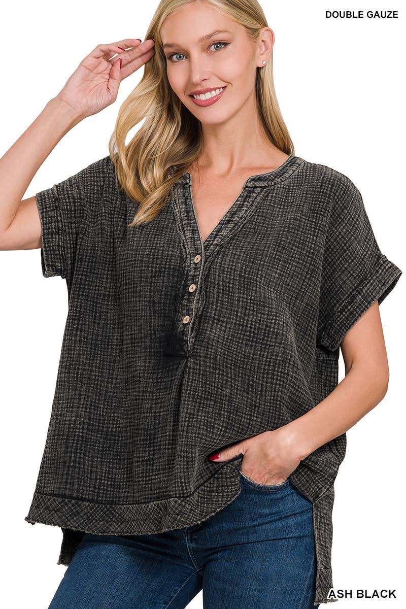 Washed Double Gauze Henley Shirt: ASH BLACK