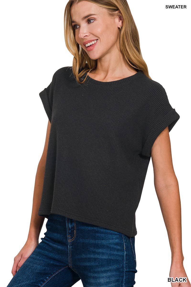 Short Sleeve Crew Neck Sweater Top: BLACK