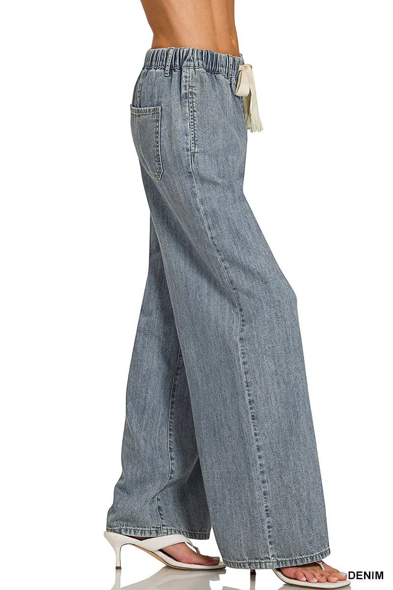 Wide Leg Drawstring Elastic Waistband Denim Pants: DENIM
