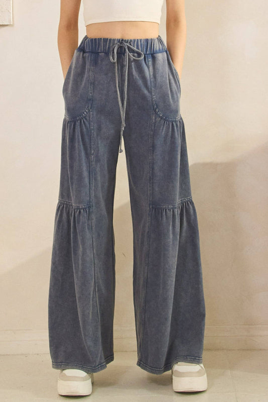 Washed Tiered Wide-leg Drawstring Pants: DENIM BLUE
