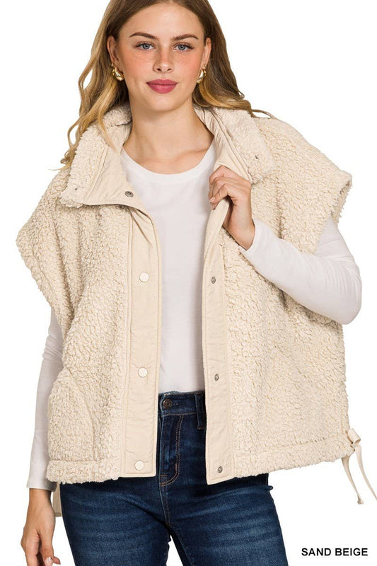 Oversized Faux Fur Vest: SAND BEIGE