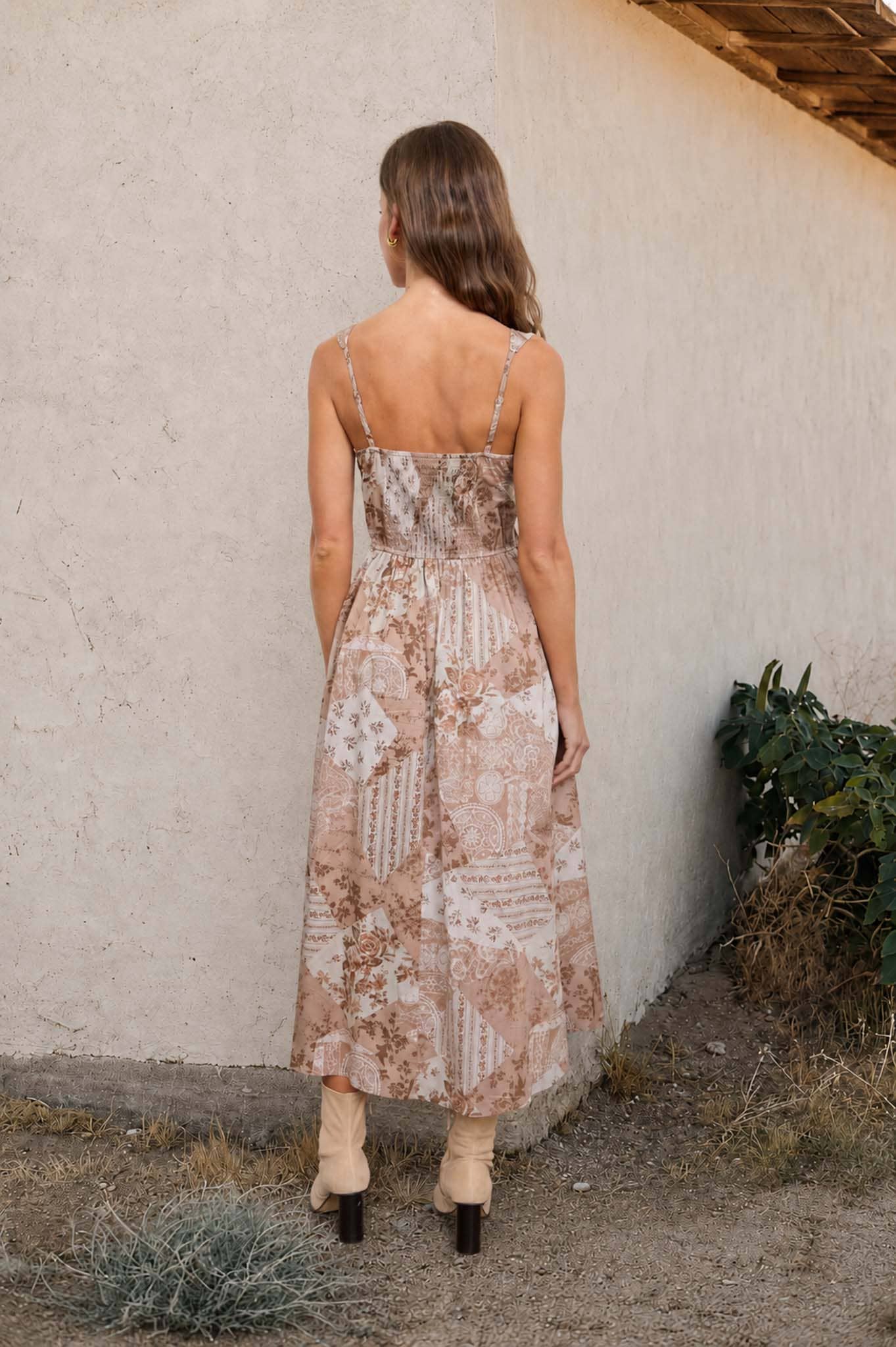 MULTI-PATTERN SLEEVELESS CORSET MIDI DRESS : TAUPE