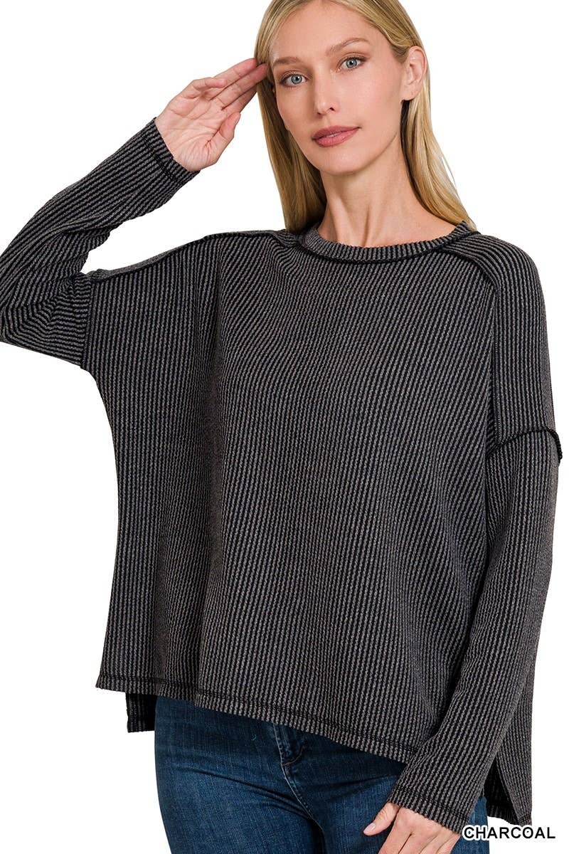 Rubbie Rib Raw Edge Boat Neck Long Sleeve Top: CHARCOAL