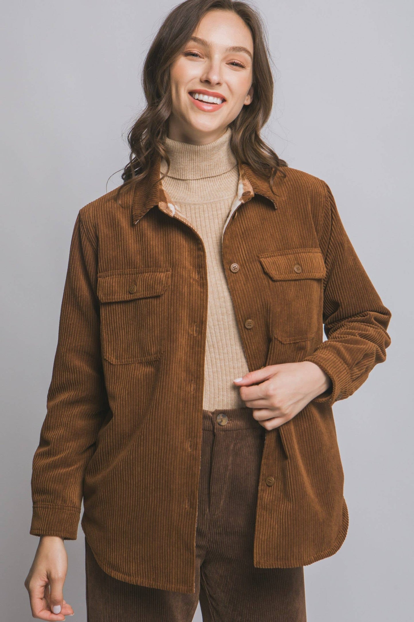 Corduroy Reversible Button Down Jacket: BROWN