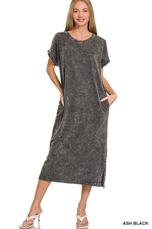 Washed Exposed Seam Short Sleeve T-shirts Dress: ASH BLACK