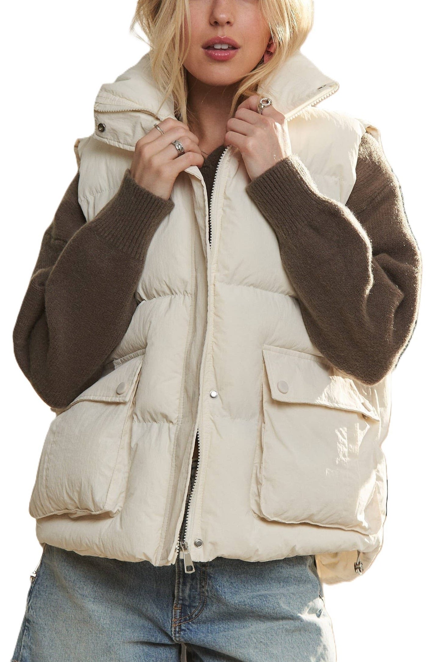 Warm Puffy Vest Jacket With Collar: BEIGE
