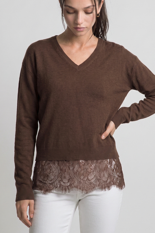 Fitch Oversized Lace-hem V-neck Sweater.: CHOCOLATE