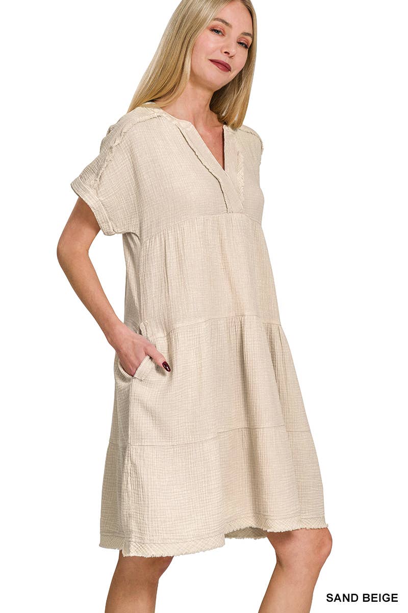 Washed Double Gauze Raw Edge V-neck Dress: SAND BEIGE