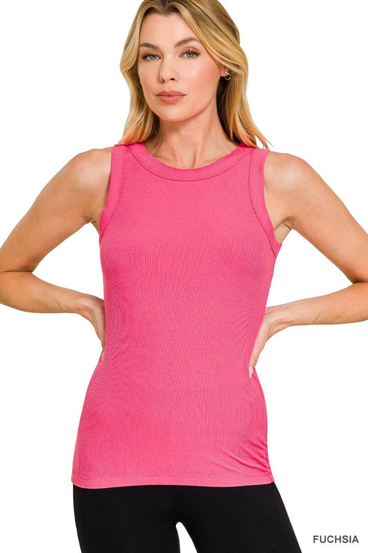Ribbed Round Neck Tank Top: FUCHSIA