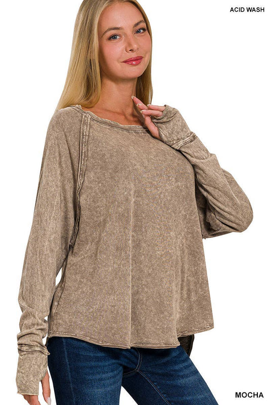 Washed Thumb Hole Cuffs Scoop-neck Long Sleeve Top: MOCHA