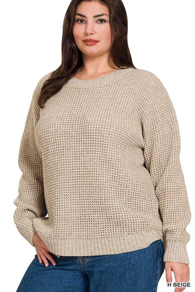 Plus Hi-low Long Sleeve Round Neck Waffle Sweater: H BEIGE