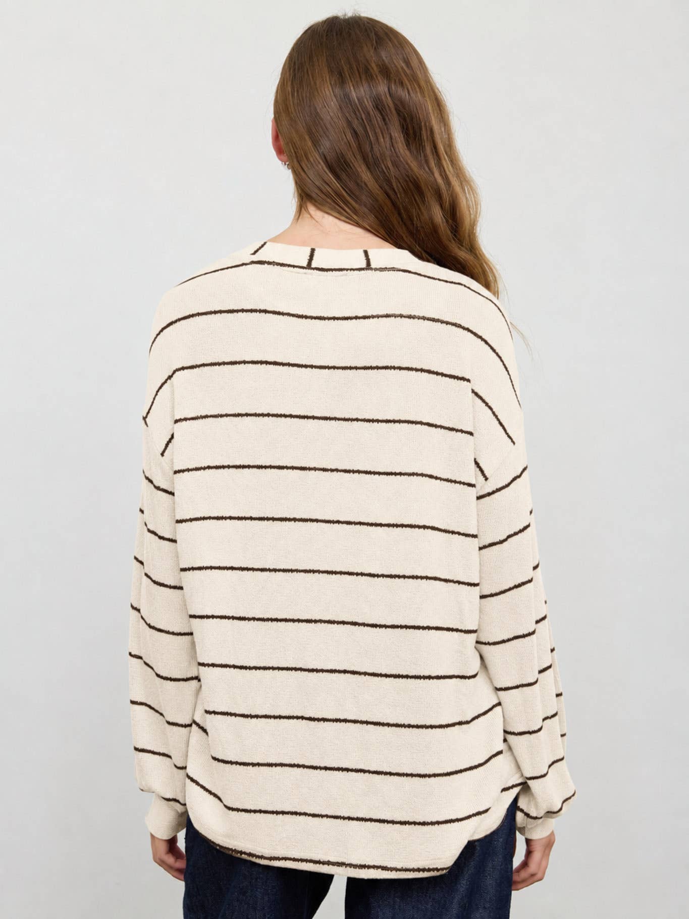 STRIPE LONG SLEEVE CUFFED RELAXED KNIT TOP : CREAM
